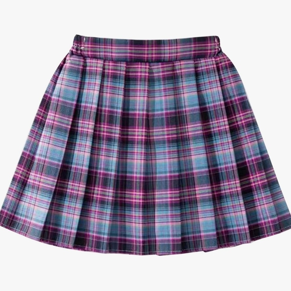 Plaid Pink and Blue Women's Pleated High Waisted A- Line Skirt